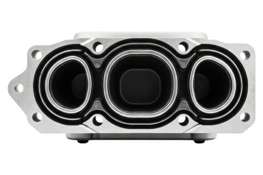Silver car engine intake manifold with three inlet ports isolated on a transparent background