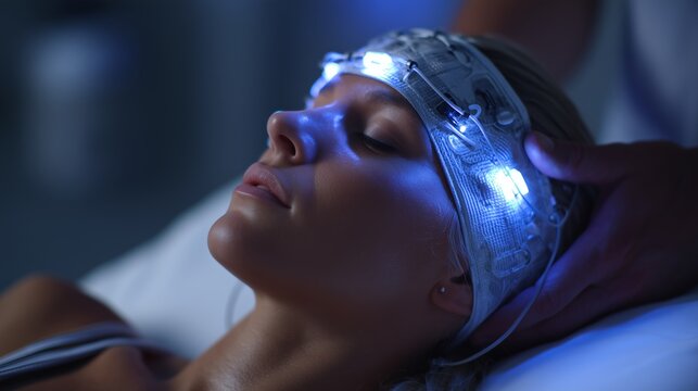 Wireless EEG headband being fitted on subject inside neon lit lab for brainwave monitoring session