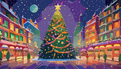 Christmas tree decorating a snowy city street at night