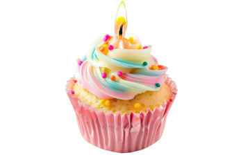 Cupcake with a lit candle on top on transparent background