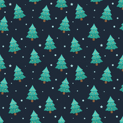 Midnight Christmas Seamless Pattern: Simple Pine Tree with Gold Lights and Stars. Dark Blue Flat Design Vector for Holiday Fabric and Festive Background.
