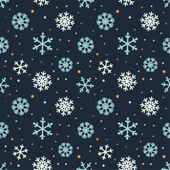Midnight Christmas Seamless Pattern: Fine Snowfall and Starry Night Sky Texture. Dark Blue Flat Design Vector for Winter Background, Fabric, and Wallpaper.