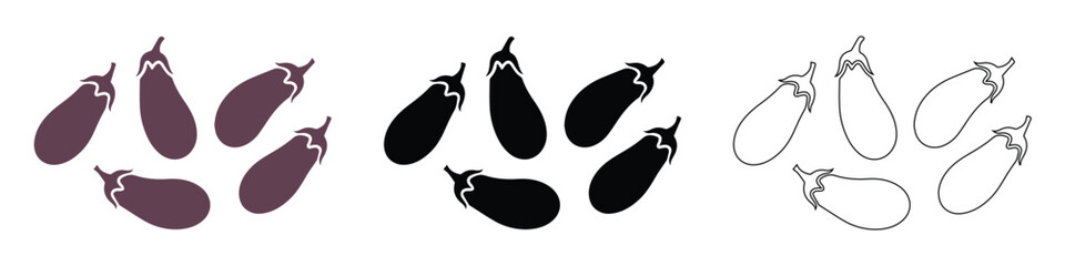 Eggplant Icons Set - Color, Silhouette, and Line Art Vector