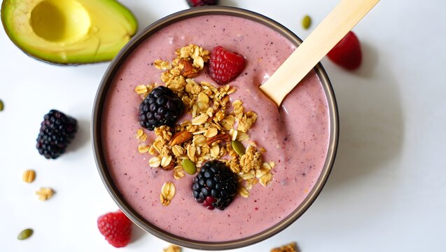 Berry smoothie bowl with granola and fresh berries is a healthy and delicious breakfast option