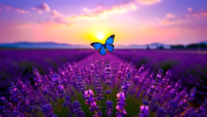 Butterfly over lavender field at sunset with beautiful light and purple and orange sky colors
