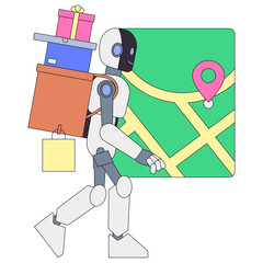 AI logistics robot with mapped delivery route, Smart delivery assistant using GPS tracking, Autonomous humanoid robot handling package logistics