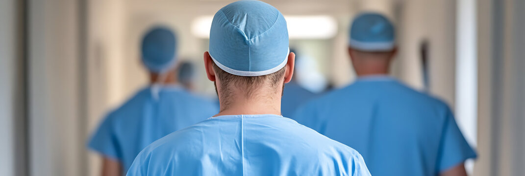 A group of surgeons strides purposefully down a hospital corridor, their blue scrubs a beacon of hope and expertise. Focused, they advance to their next critical task.