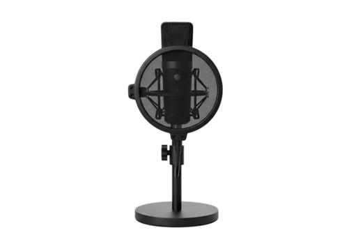 Professional studio microphone on stand for recording and podcasting high-quality audio capture isolated on transparent background