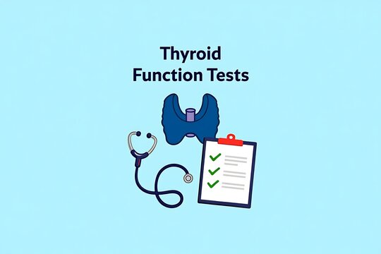 thyroid function tests with a stethoscope and checklist on a blue background
