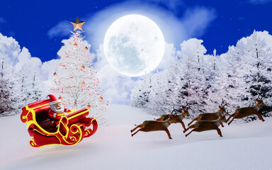 Christmas Eve, Santa Claus gives gifts in the sky with a bright blue Super Full moon on a snowy night. Village in the middle of a pine forest on a mountain, high in snow. 3D Rendering.