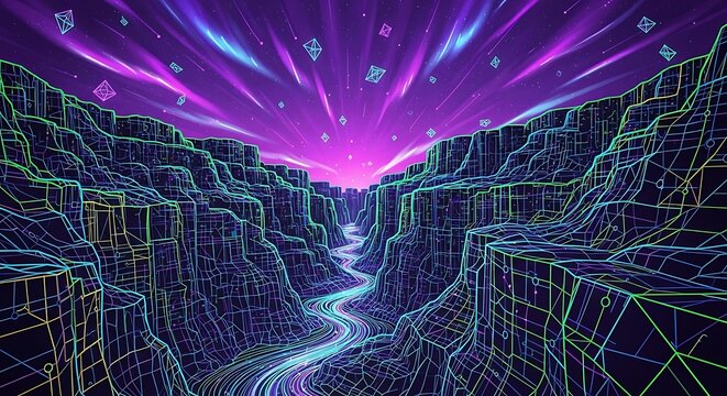 Vibrant Neon Wireframe Canyon with Digital River and Cosmic Aurora Sky.