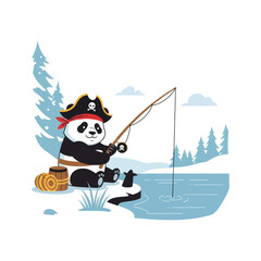 A cute cartoon pirate panda bear sits by a serene lake, fishing with a rod, surrounded by pine trees and a barrel of gold coins. © DediGalihWisnumurti