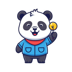A cute cartoon panda wearing a blue jacket and red scarf, holding a yellow lollipop. © DediGalihWisnumurti
