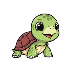 Cartoon illustration of a cute baby turtle with a green body and brown shell, smiling.
