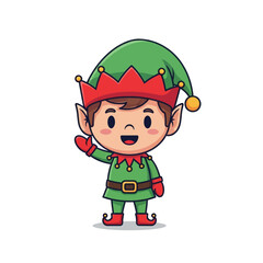 A cute cartoon Christmas elf character in a green suit and red hat waving hello.