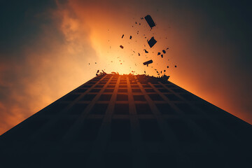 Towering structure disintegrates against the warm hues of the sky. Fragments scatter, silhouetted against the glow, in a dramatic display of deconstruction. View is from below.