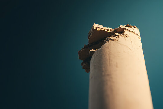 Rustic tower fragment against a teal sky.  Earthy tones and dramatic light highlight the rough texture of the cracked surface.  Minimalist composition. - Powered by Adobe