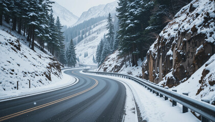 Winding snowy road through mountains and pine trees during winter travel adventure