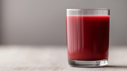 A glass of vibrant red juice sits on a textured surface. The drink appears refreshing, with a smooth consistency. Background is a neutral color, making it very appealing.