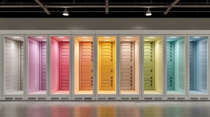 Modern server room with multiple illuminated racks in rainbow color spectrum offering digital data storage and network infrastructure solution