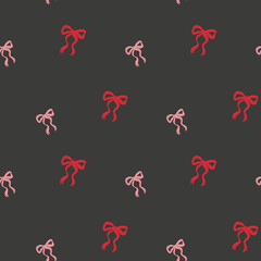 Seamless pattern with cute red and pink bows. Crayon style. Festive dark background