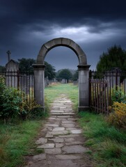 A stone archway and pathway invite entry into a historic cemetery.