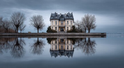 A stately, vintage mansion is beautifully reflected in calm lake water.