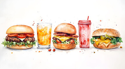 Watercolor painting of burgers and beverages, perfect for food and restaurant related content