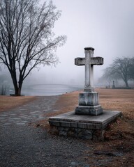 A stone cross stands solemnly in a foggy graveyard near a river.