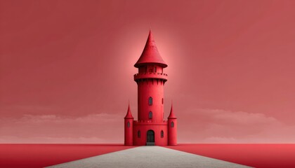 A striking image of a bright red castle tower silhouetted against a monochromatic red sky.