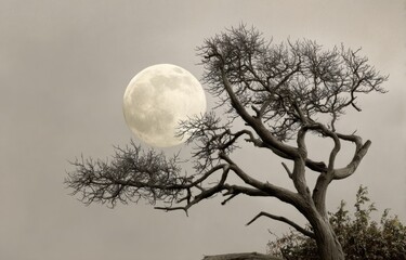 A striking image of a gnarled, leafless tree silhouetted against a bright full moon in a monochrome, sepia-toned sky.