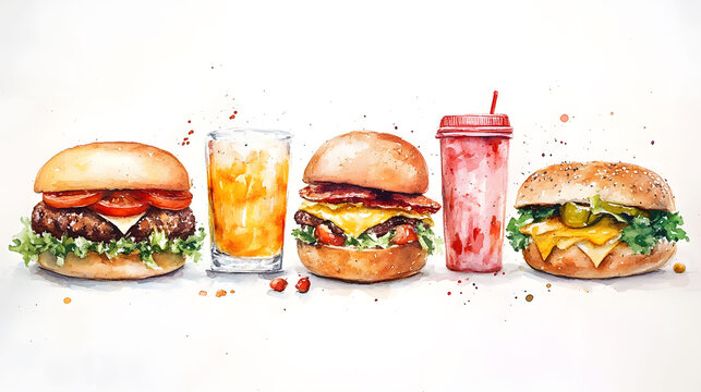 Watercolor painting of burgers and beverages, perfect for food and restaurant related content