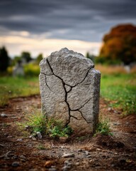 A weathered, cracked tombstone stands in an old cemetery, surrounded by grass and earth.