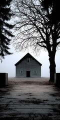 A weathered farmhouse stands silhouetted against a dense fog, framed by bare winter trees.