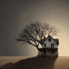 A weathered two-story house stands starkly against a dim sky, entwined with the branches of a bare tree.