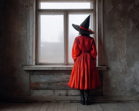 A young witch in a red polka dot dress and black hat stands with her back to the viewer, looking out of a window in a dark, aged room, lost in thought.