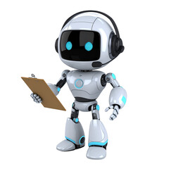 A Robotic Assistant with Clipboard: A friendly, modern robot with a headset and clipboard, embodying artificial intelligence and customer service.
