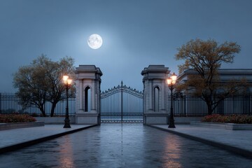 An ornate gate and fence illuminated by streetlights and a full moon.