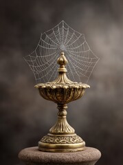 An ornate, golden fountain is topped with a delicate spiderweb glistening with morning dew.