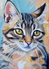 Close-up of a tabby cat rendered as a vibrant oil-paste painting with chunky textures. Warm and cool hues contrast, highlighting piercing yellow eyes and delicate whiskers for a bold, artistic look.