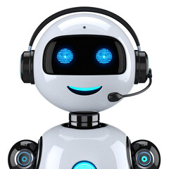 The AI assistant: A friendly AI assistant robot with a headset, smiling, ready to assist with its bright blue eyes, representing technology and customer service. 
