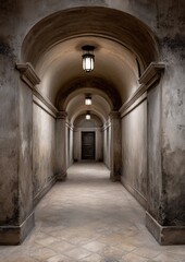 Architectural interior of a vintage archway corridor with a closed door at the end.