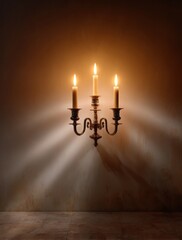 Atmospheric scene featuring an antique three-candle candelabra illuminating a textured wall.