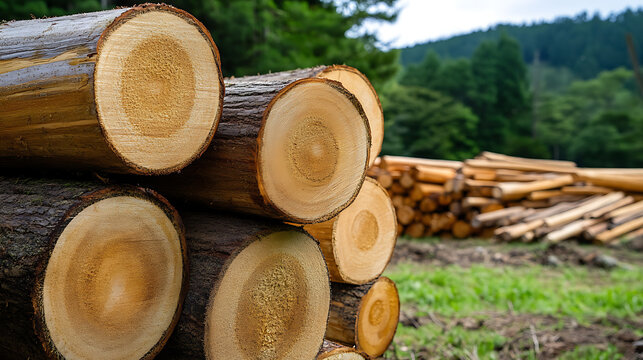 Stacked timber logs show natural growth rings against a forest background. Sustainable forestry and lumber resource concept, showcasing wood grain and texture.