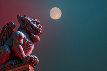 Detailed gargoyle statue with vibrant colors, perched and gazing at the glowing full moon in a dark, twilight sky.