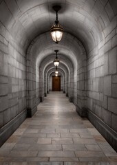 Dramatic long shot of a stone archway tunnel with ornate lamps leading to a wooden door at the end.
