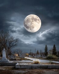 Eerie and atmospheric scene of an old cemetery bathed in the light of a huge super moon, with storm clouds overhead.
