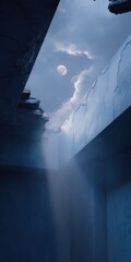 Evocative image showcasing the moon through a damaged structure, creating a mysterious and atmospheric scene.