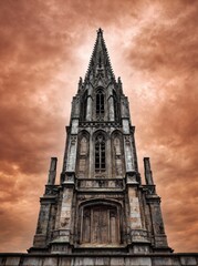 Low-angle shot of a gothic spire, showcasing its intricate details against a dramatic, cloudy, orange sky.