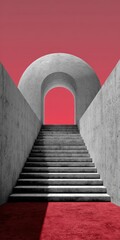Minimalist architecture featuring a concrete staircase leading to an arched doorway against a vibrant red backdrop.